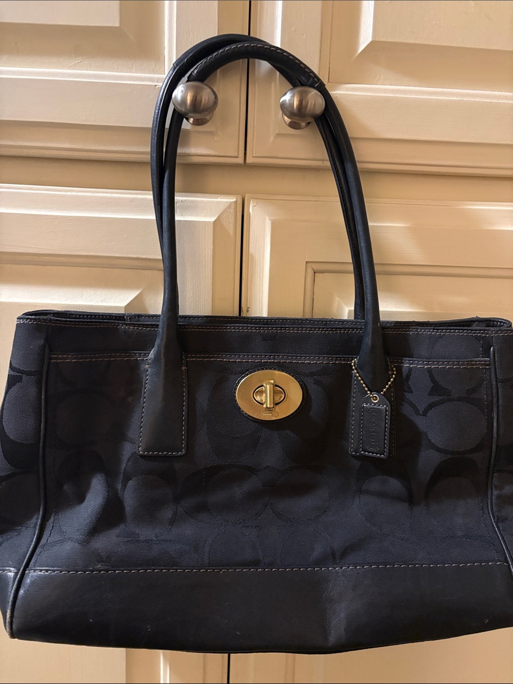 Coach Black Signature Canvas Tote with Gold Turnlock